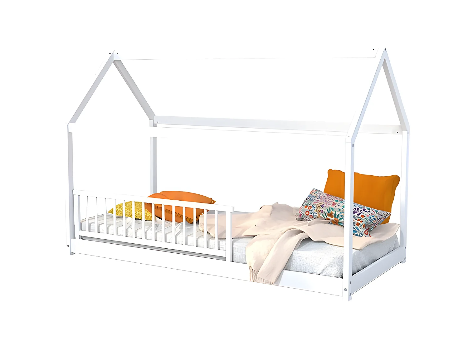 Lit cabane PANDA 90x190 + 1 sommier + barrière /Blanc