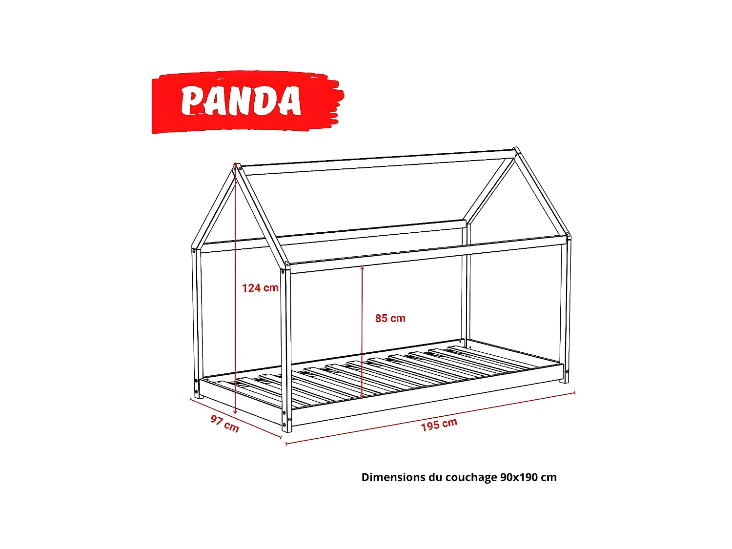Lit cabane PANDA 90x190 + 1 sommier + barrière /Blanc