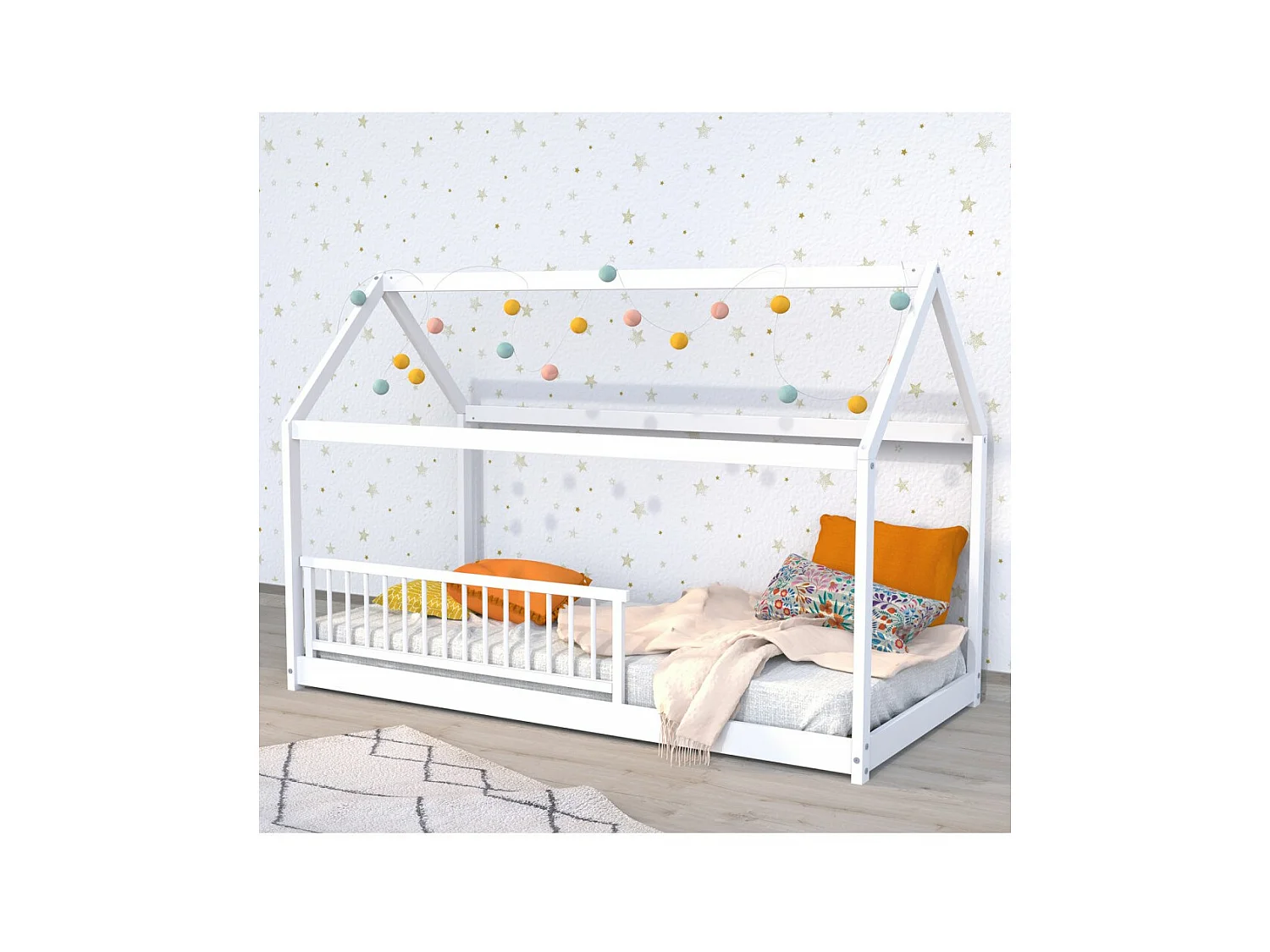 Lit cabane PANDA 90x190 + 1 sommier + barrière /Blanc