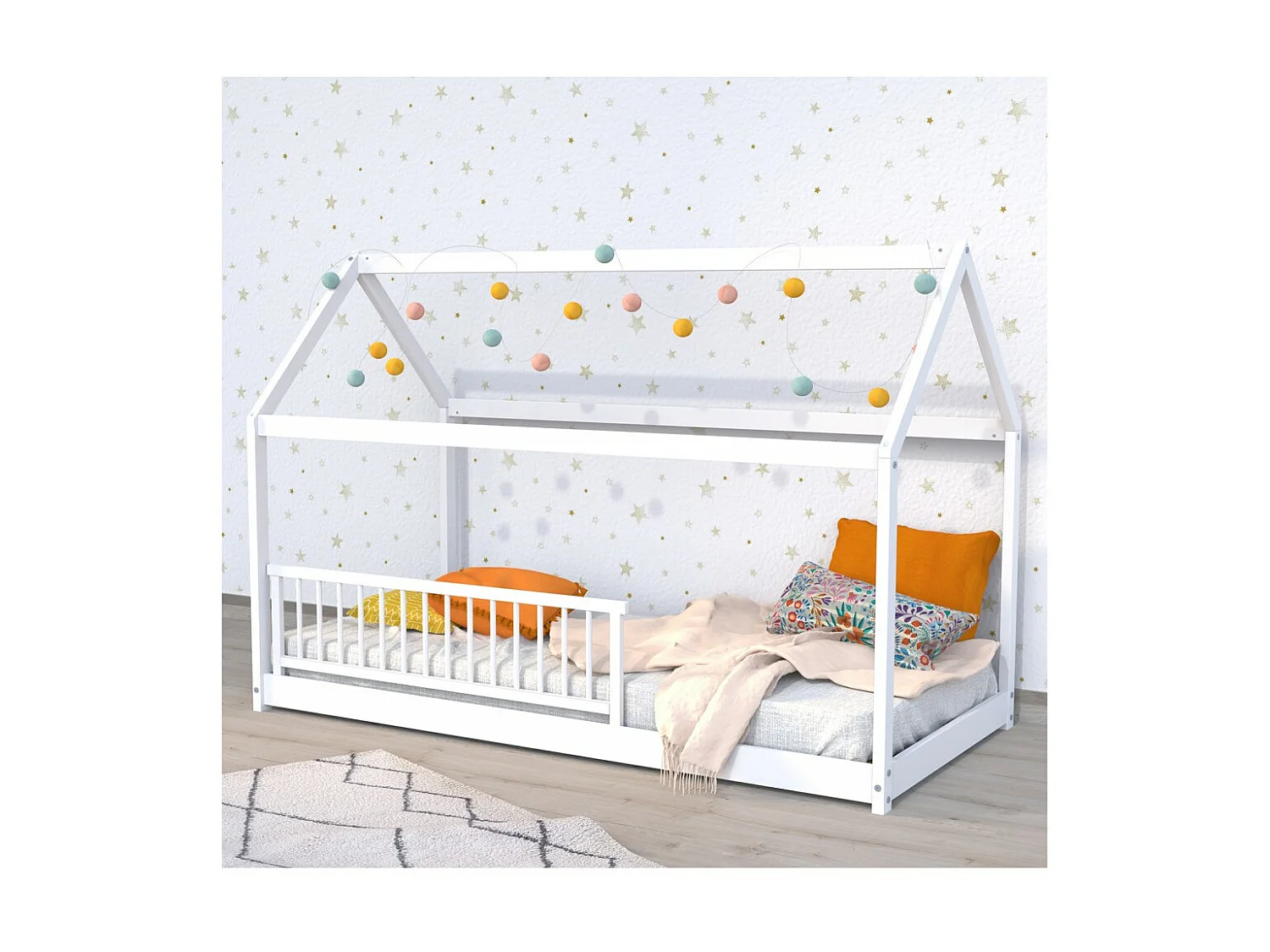 Lit cabane PANDA 90x190 + 1 sommier + barrière /Blanc