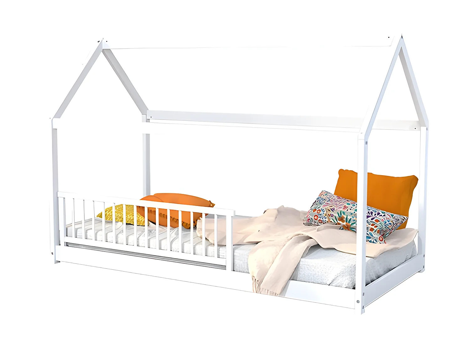 Lit cabane PANDA 90x190 + 1 sommier + barrière /Blanc