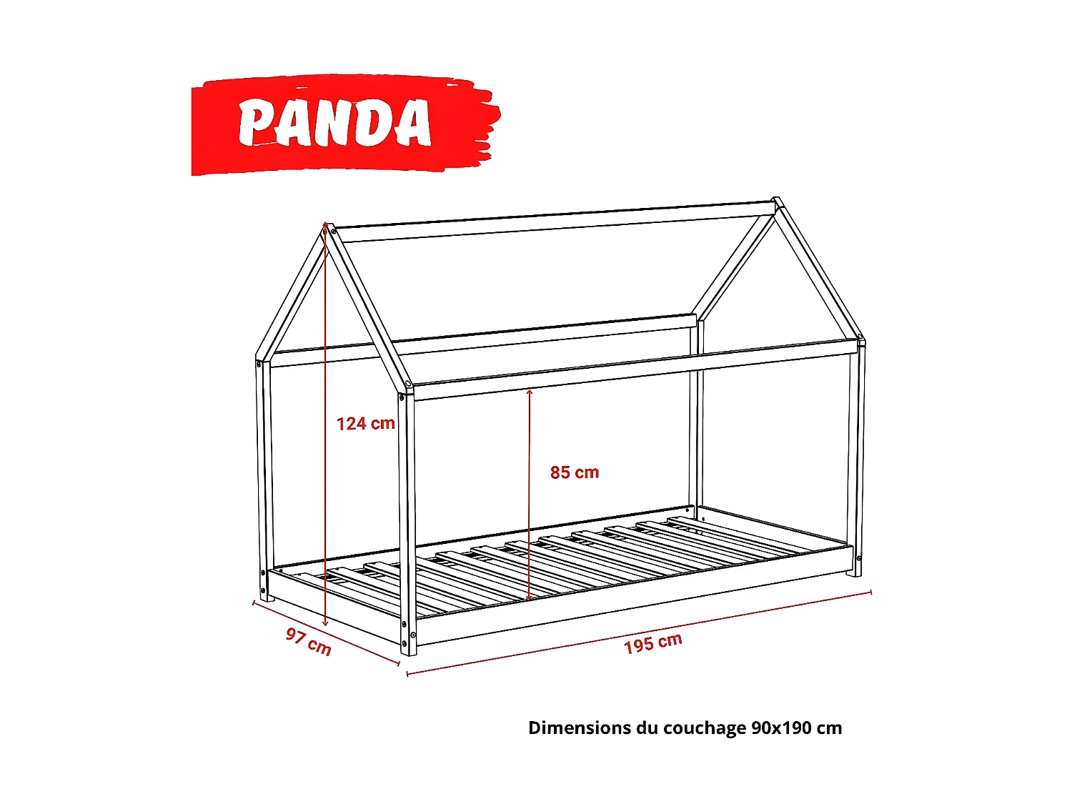 Lit cabane PANDA 90x190 + 1 sommier + barrière /Blanc