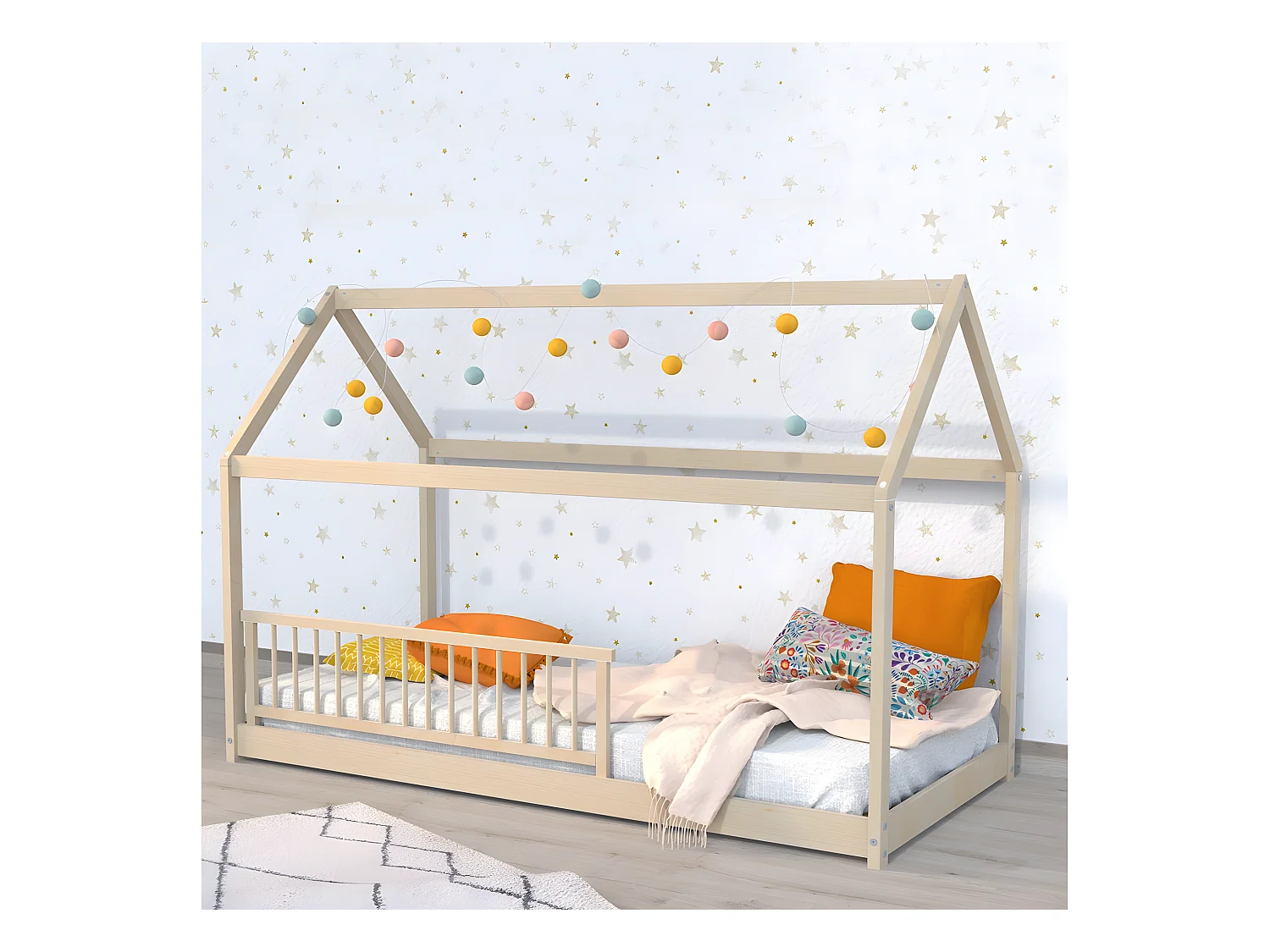 Lit cabane PANDA 90x190 + 1 sommier + barrière /Naturel