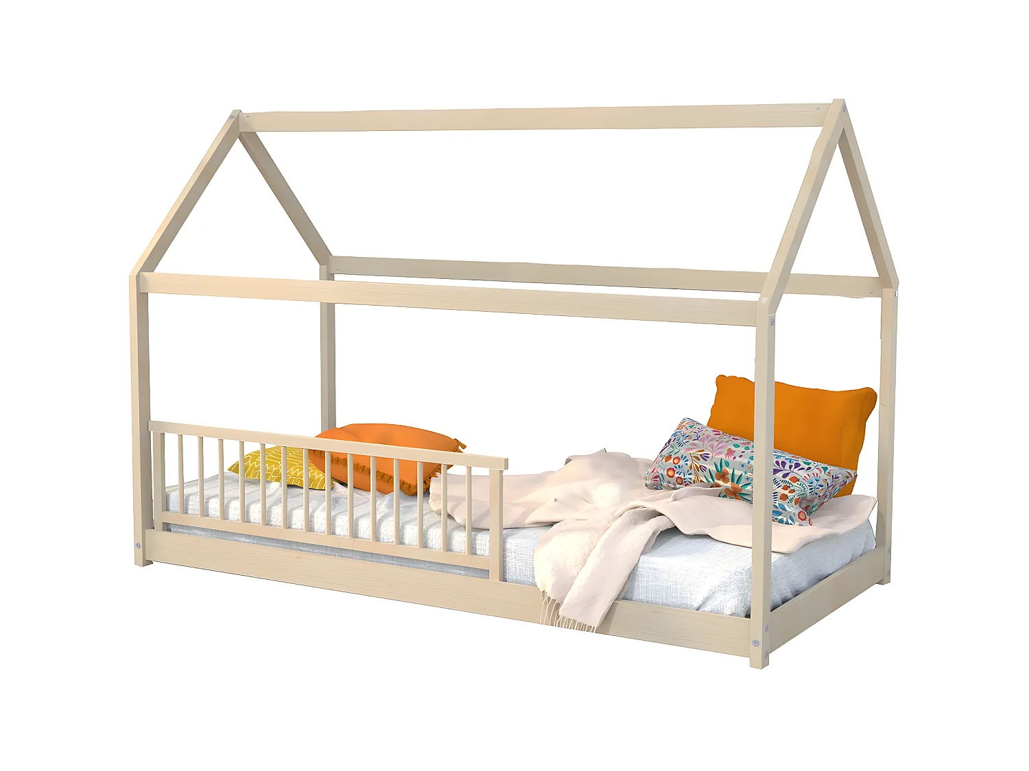 Lit cabane PANDA 90x190 + 1 sommier + barrière /Naturel