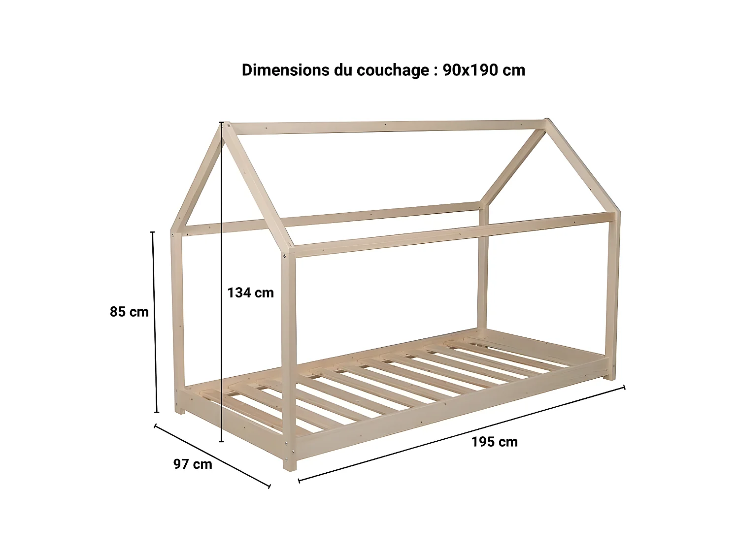 Lit cabane PANDA 90x190 + 1 sommier + barrière /Naturel