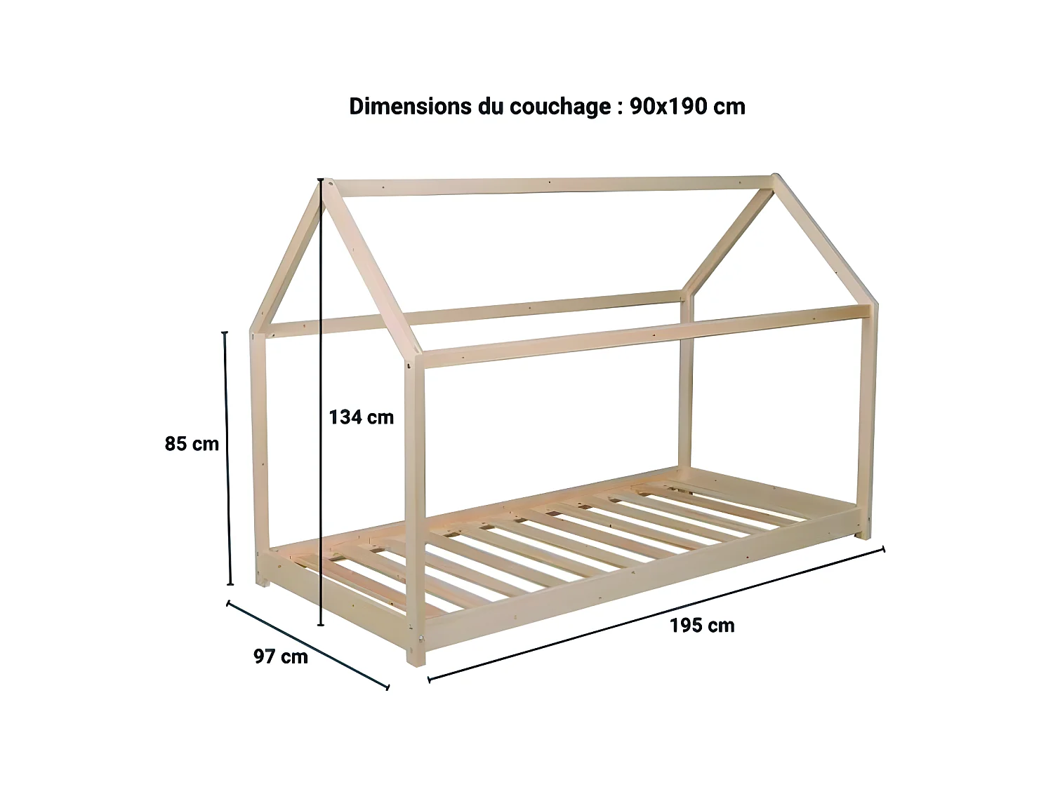 Lit cabane PANDA 90x190 + 1 sommier + barrière /Naturel