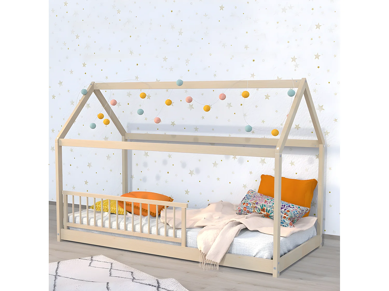 Lit cabane PANDA 90x190 + 1 sommier + barrière /Naturel