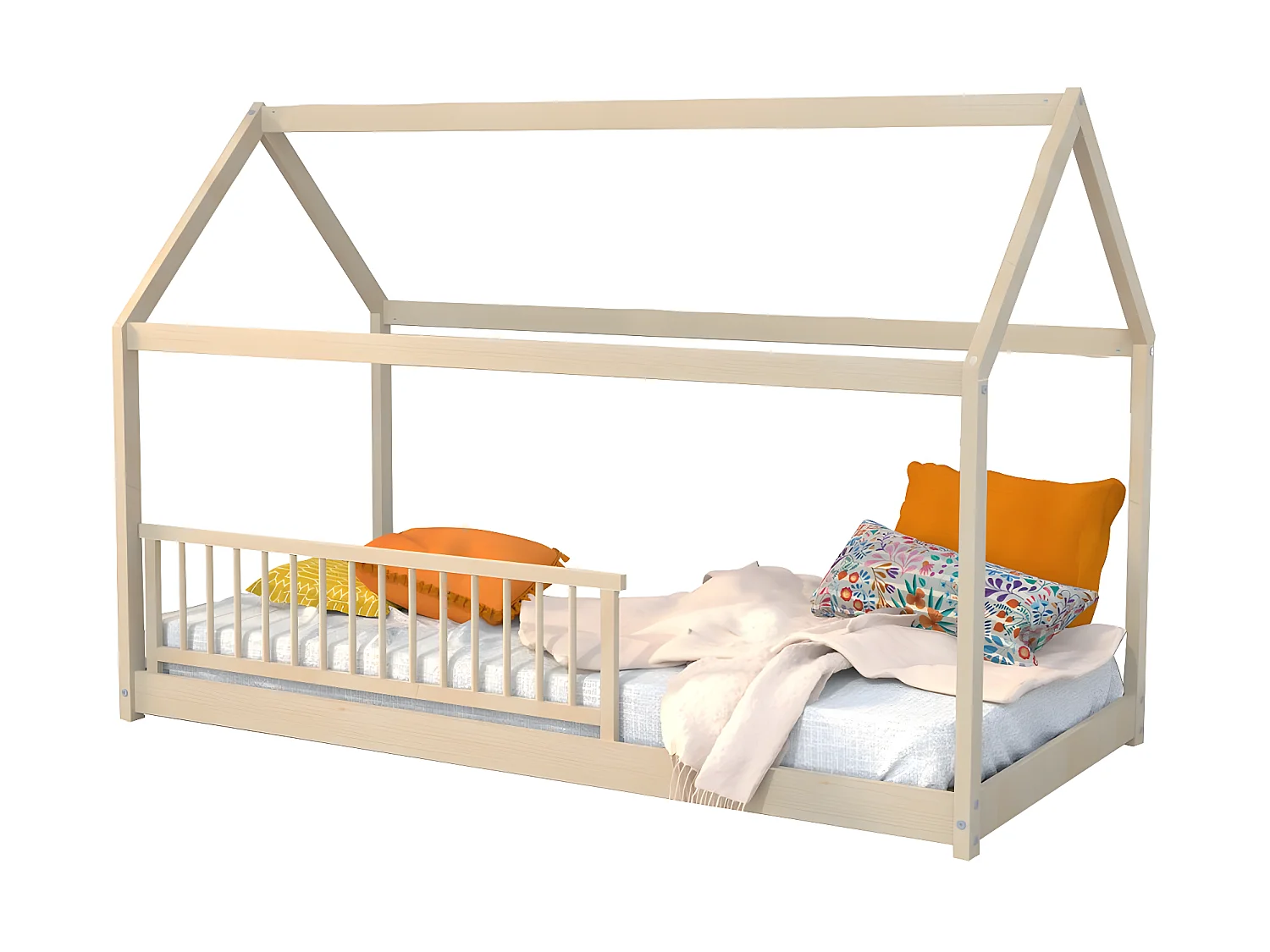 Lit cabane PANDA 90x190 + 1 sommier + barrière /Naturel