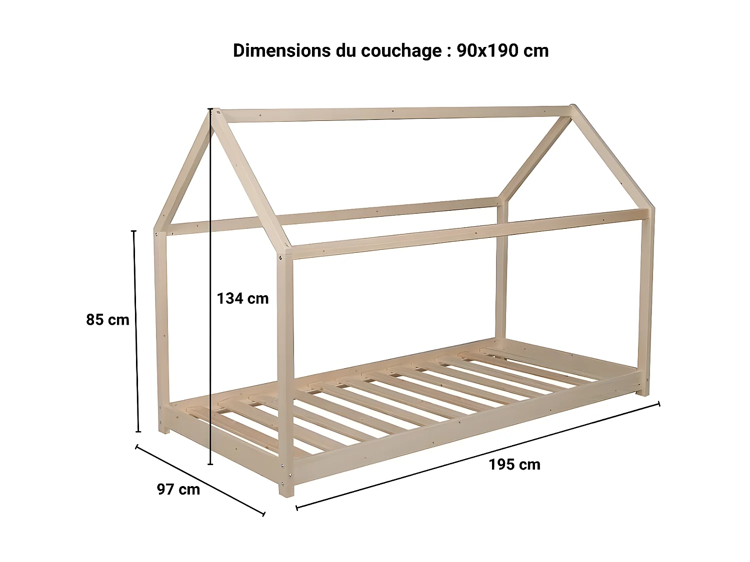 Lit cabane PANDA 90x190 + 1 sommier + barrière /Naturel