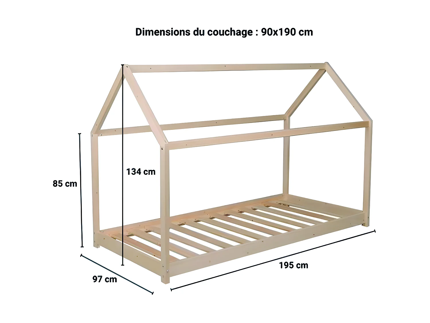 Lit cabane PANDA 90x190 + 1 sommier + barrière /Naturel