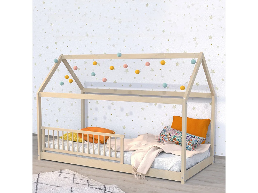 Lit cabane PANDA 90x190 + 1 sommier + barrière /Naturel