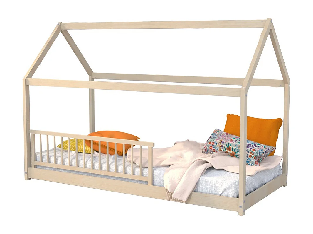 Lit cabane PANDA 90x190 + 1 sommier + barrière /Naturel