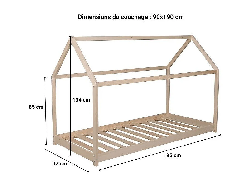 Lit cabane PANDA 90x190 + 1 sommier + barrière /Naturel