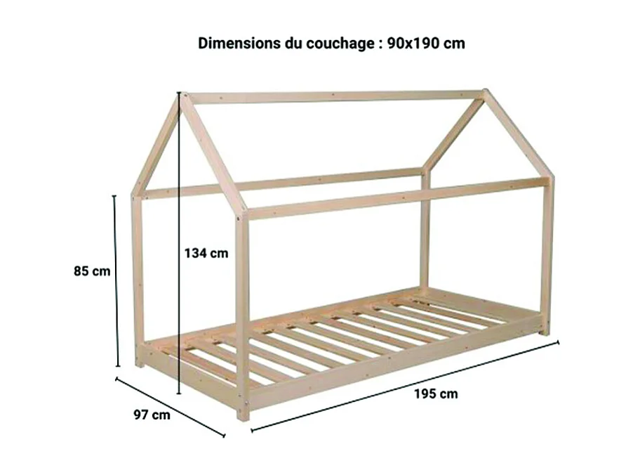 Lit cabane PANDA 90x190 + 1 sommier + barrière /Naturel