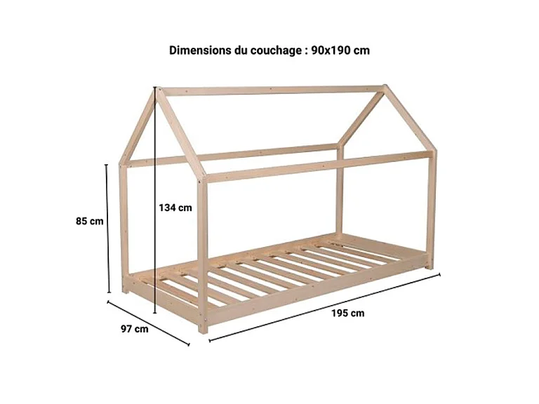 Lit cabane PANDA 90x190 + 1 sommier + barrière /Bois clair