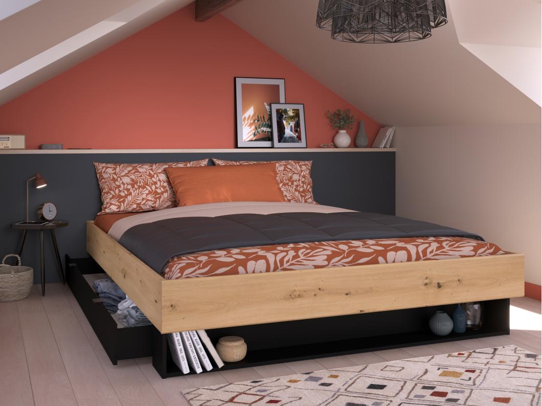 Letto con cassetto e nicchia 160 x 200 cm Naturale e Nero + Rete - MISTA