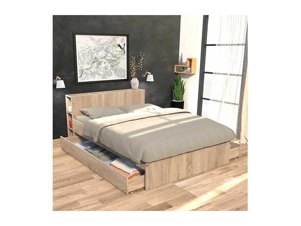 Lit RIGA 140x190cm + tête de lit + 2 tiroirs / Décor Chêne Blanchi