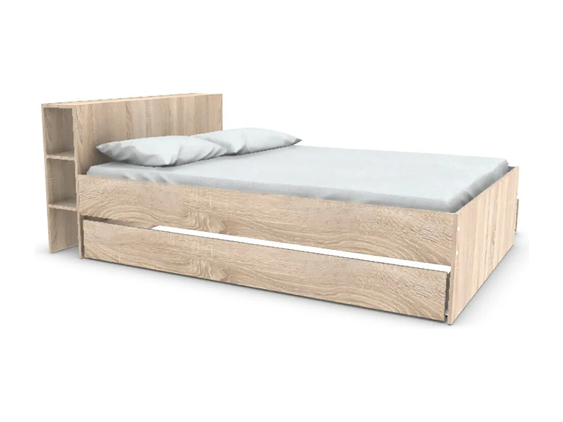 Lit RIGA 140x190cm + tête de lit + 2 tiroirs / Décor Chêne Blanchi