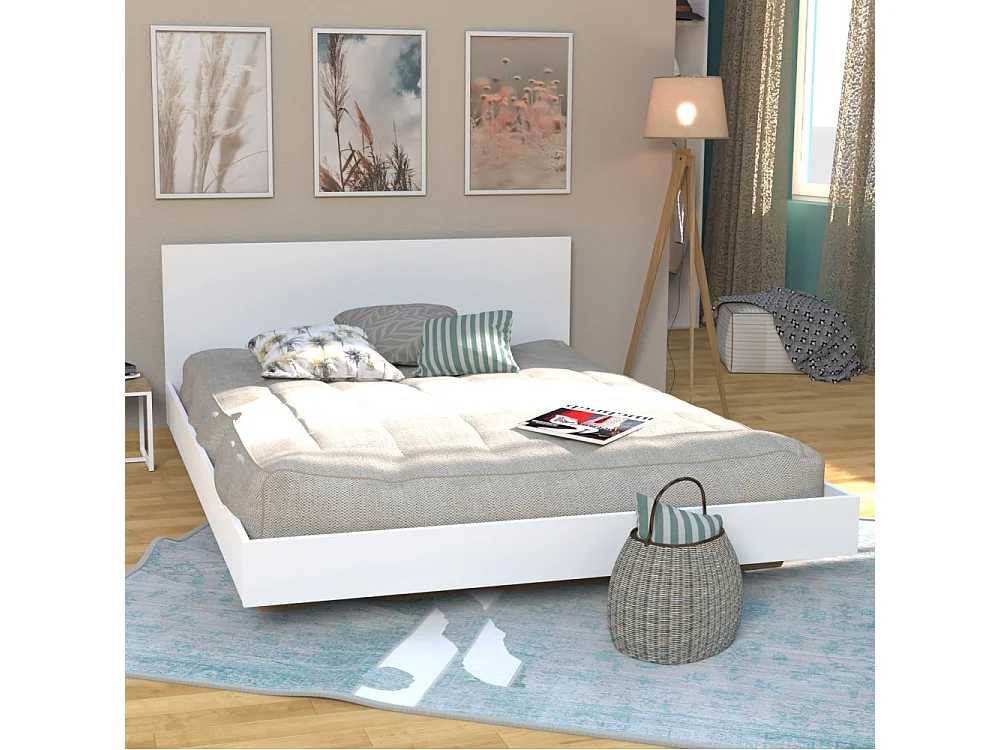 Lit LOFT 140x190 + 1 sommier + tête de lit / Blanc