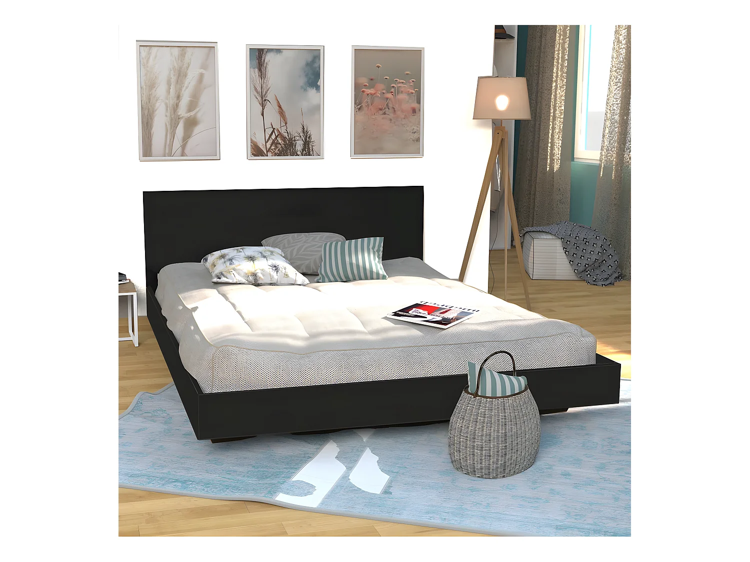 Lit LOFT 140x190 + 1 sommier + tête de lit / Noir