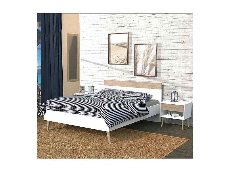 Lit CAMPER 140x190 cm / Décor Chêne blanchi et blanc