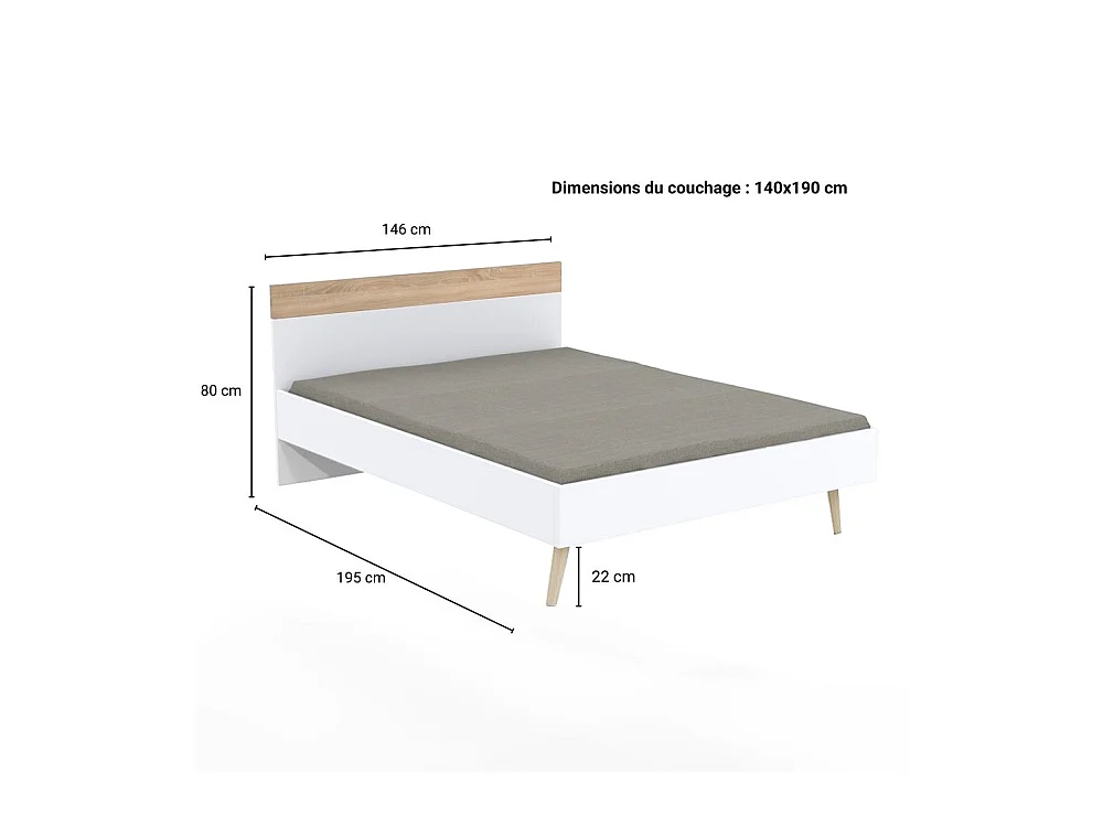 Lit CAMPER 140x190 cm / Décor Chêne blanchi et blanc