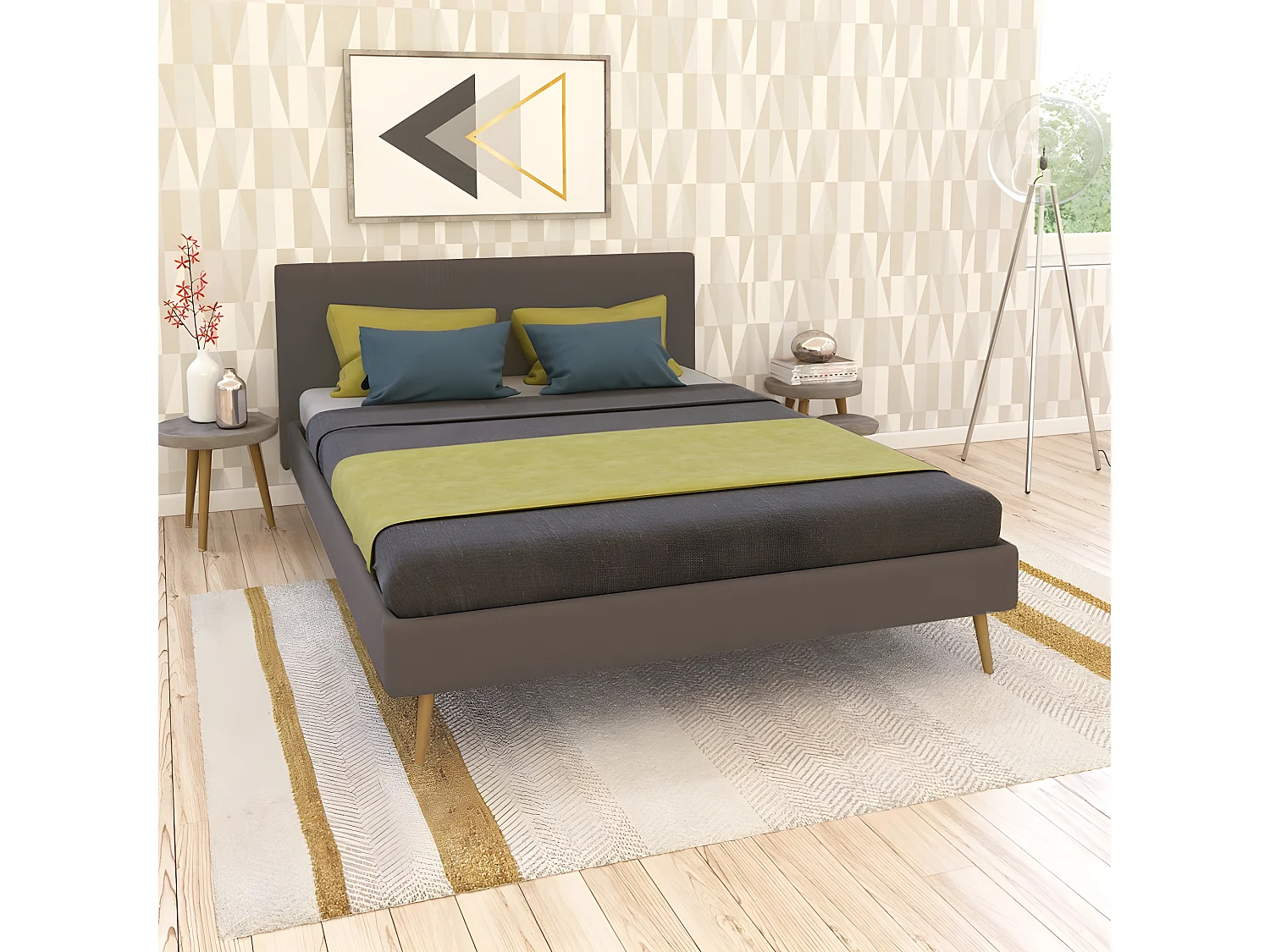 Lit FJORD 140x190 tissu + 1 sommier / Gris Foncé