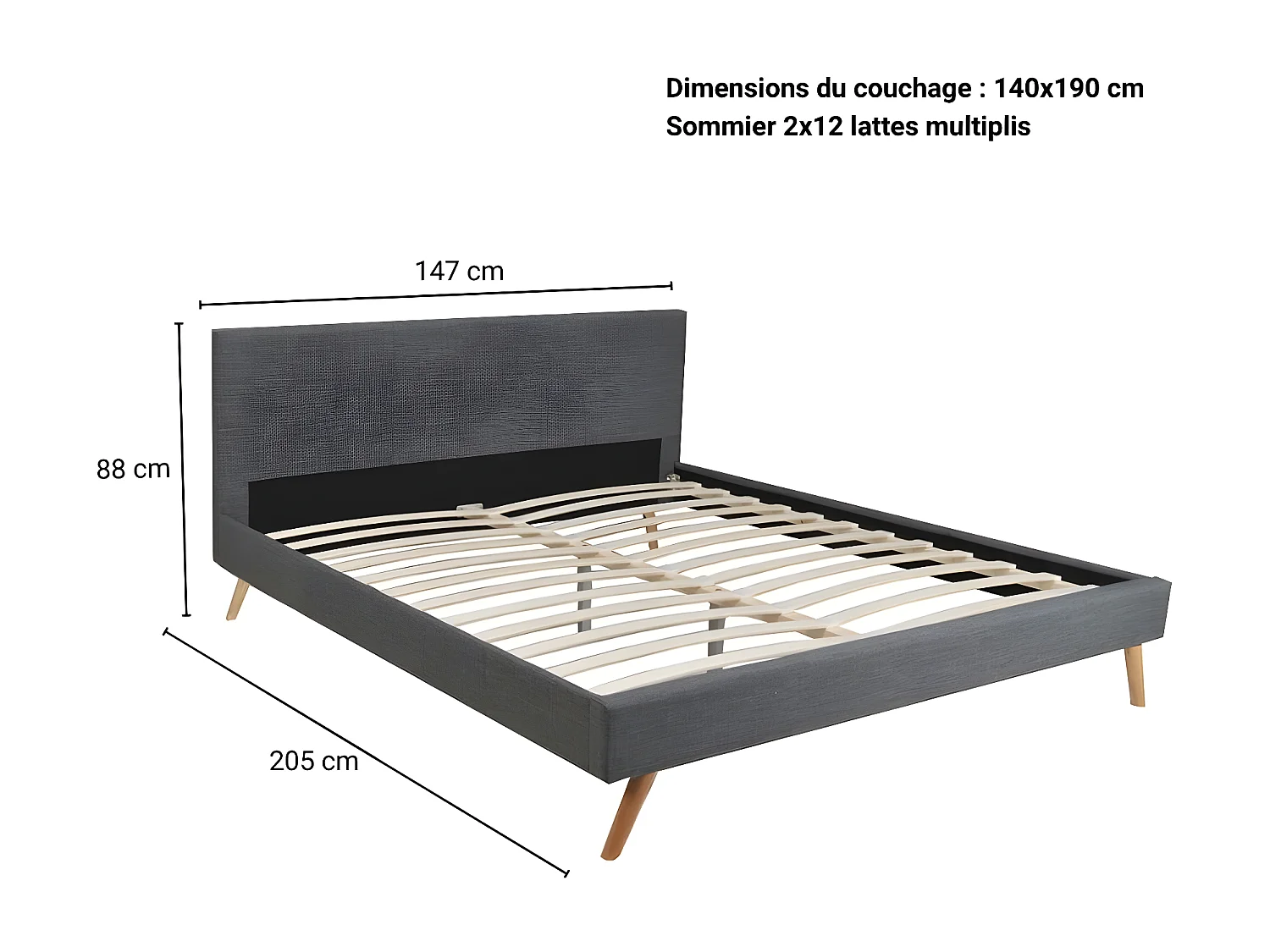 Lit FJORD 140x190 tissu + 1 sommier / Gris Foncé