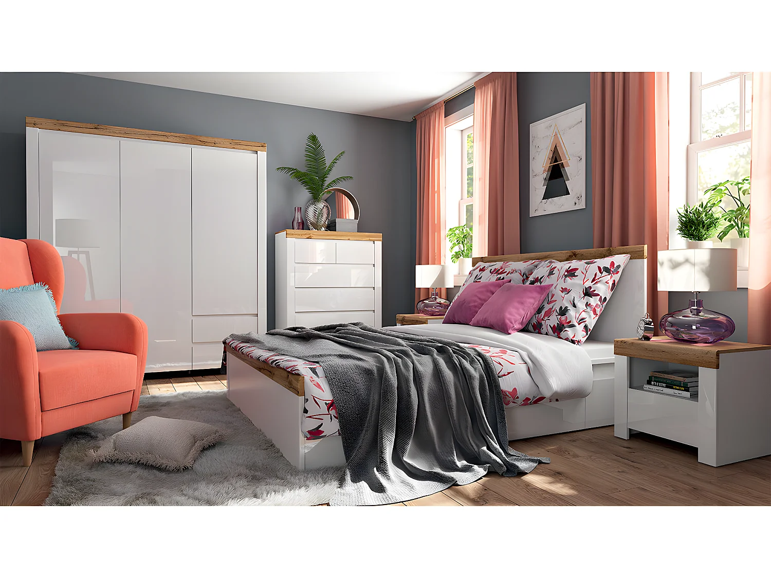 Cama de casal Hella branco e madeira 160x200