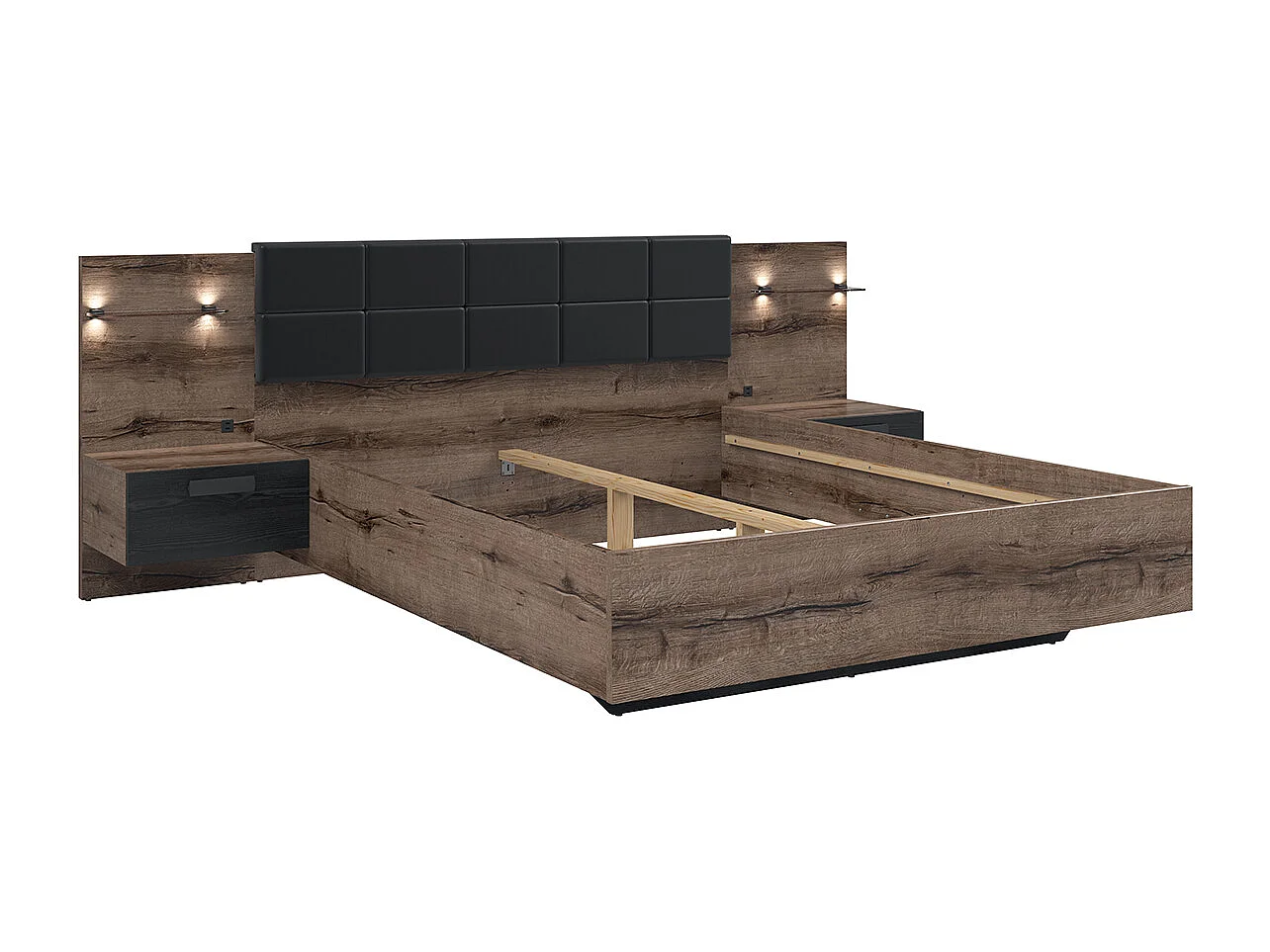 Lit 180x200 chevet LED et prise USB inclus Romane Bois