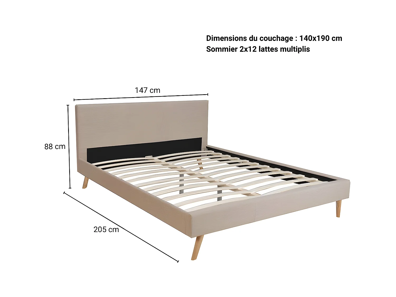 Lit FJORD 140x190 tissu + 1 sommier / Beige
