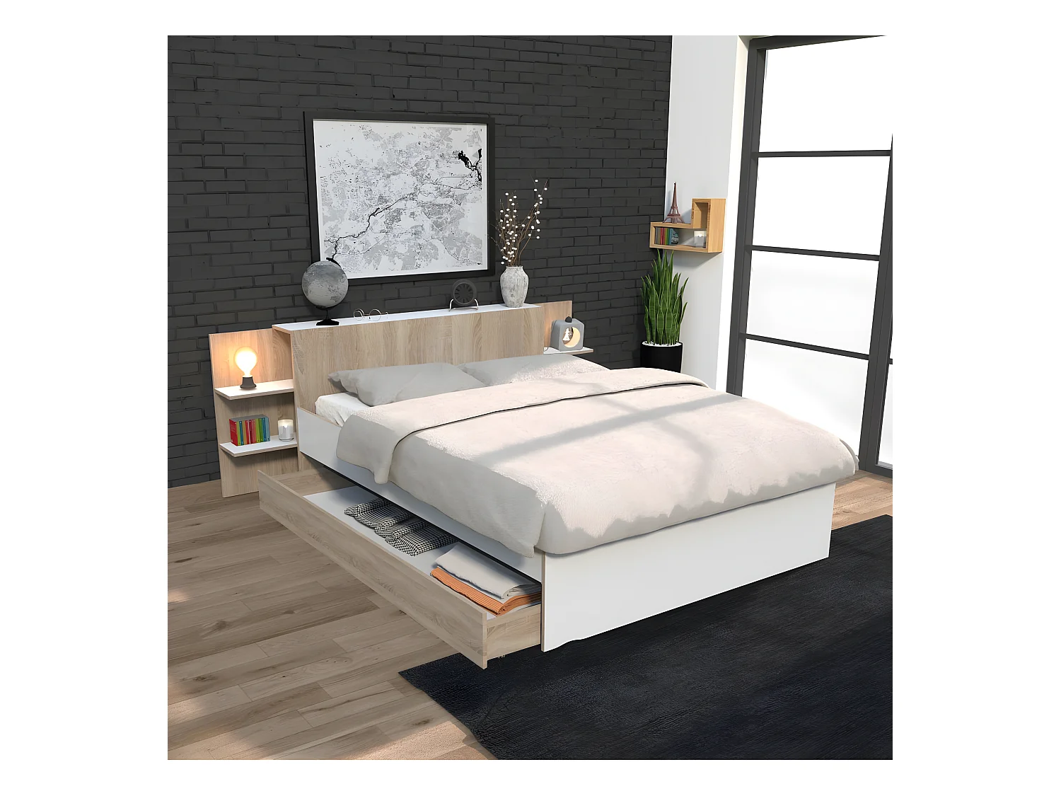 Lit CITY 140x190 + tête de lit chevet  + 1 tiroir / Décor Blanc & chêne blanchi