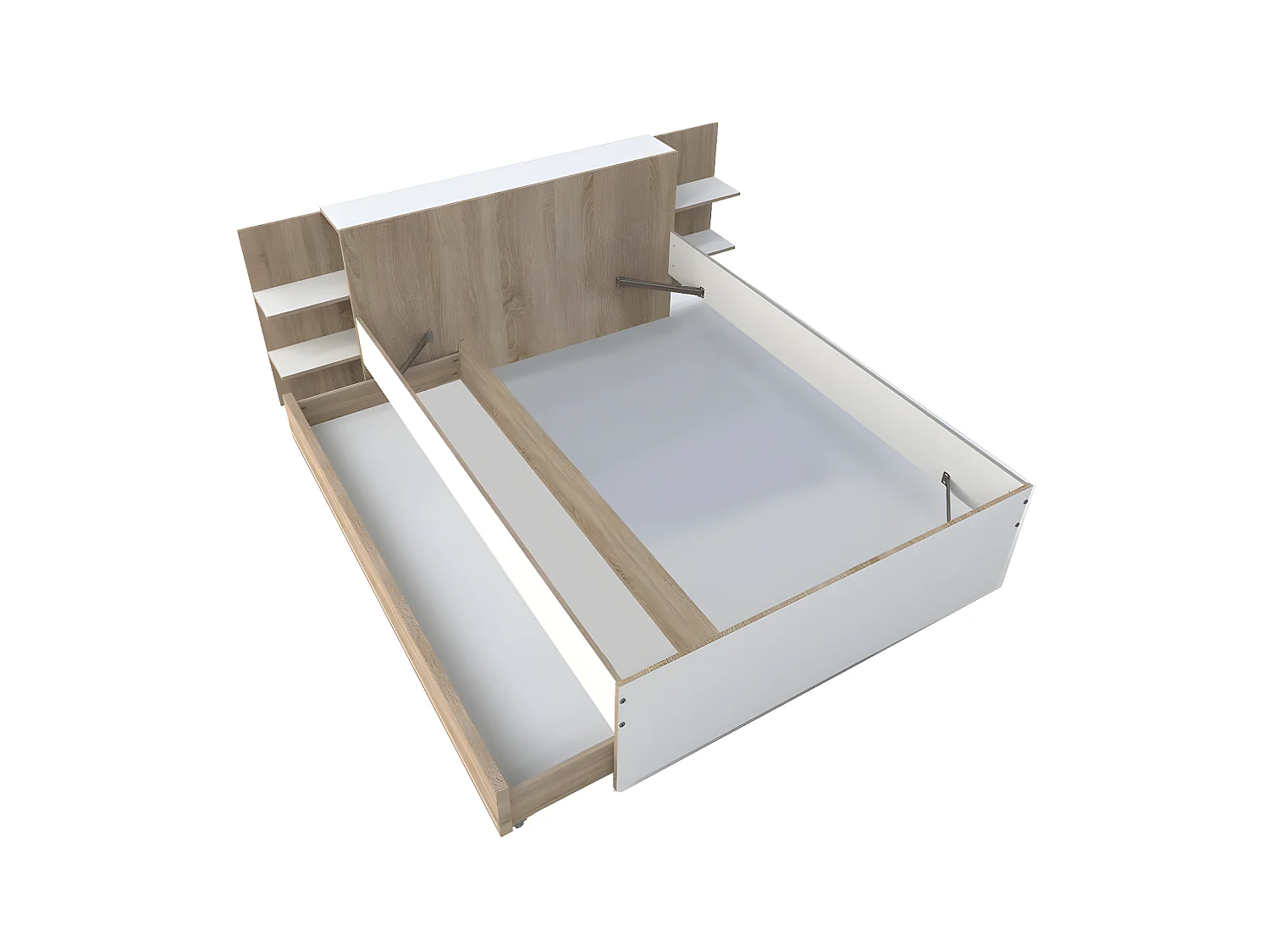 Lit CITY 140x190 + tête de lit chevet  + 1 tiroir / Décor Blanc & chêne blanchi