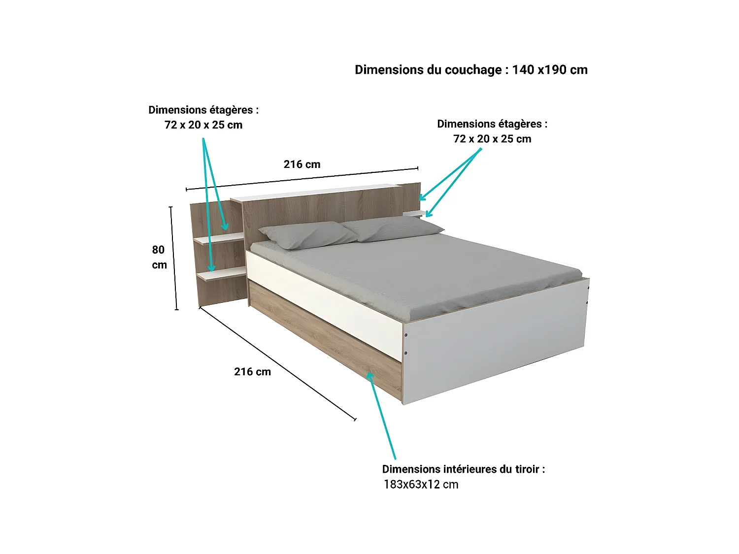Lit CITY 140x190 + tête de lit chevet  + 1 tiroir / Décor Blanc & chêne blanchi