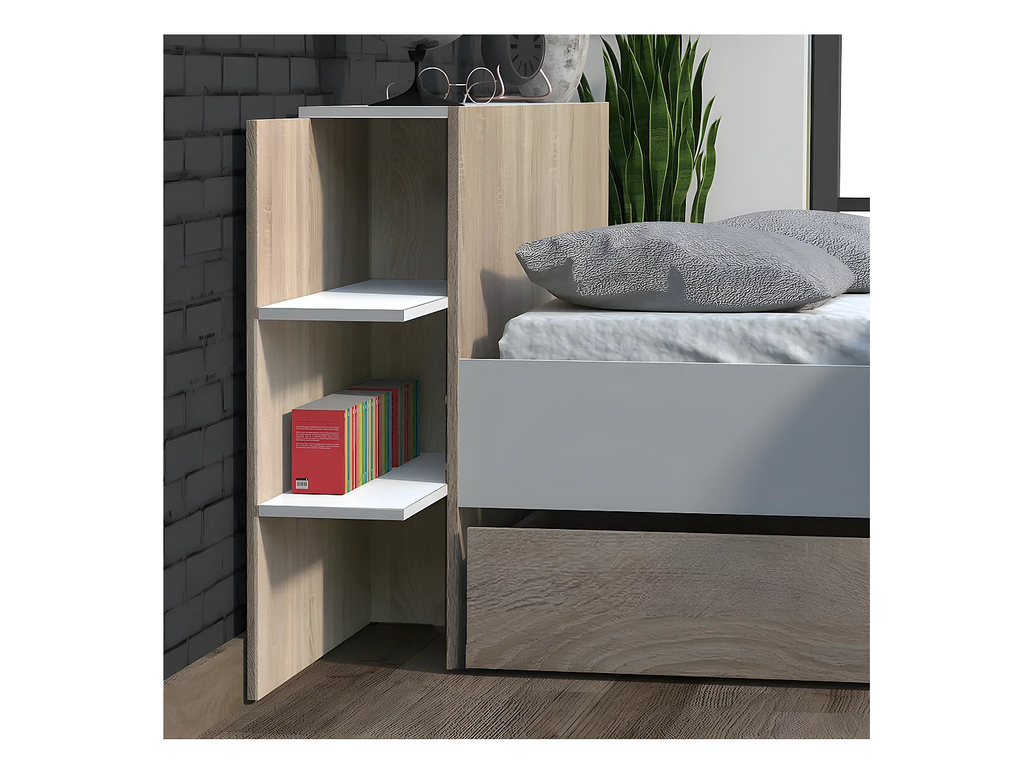 Lit CITY 140x190 + tête de lit chevet  + 1 tiroir / Décor Blanc & chêne blanchi