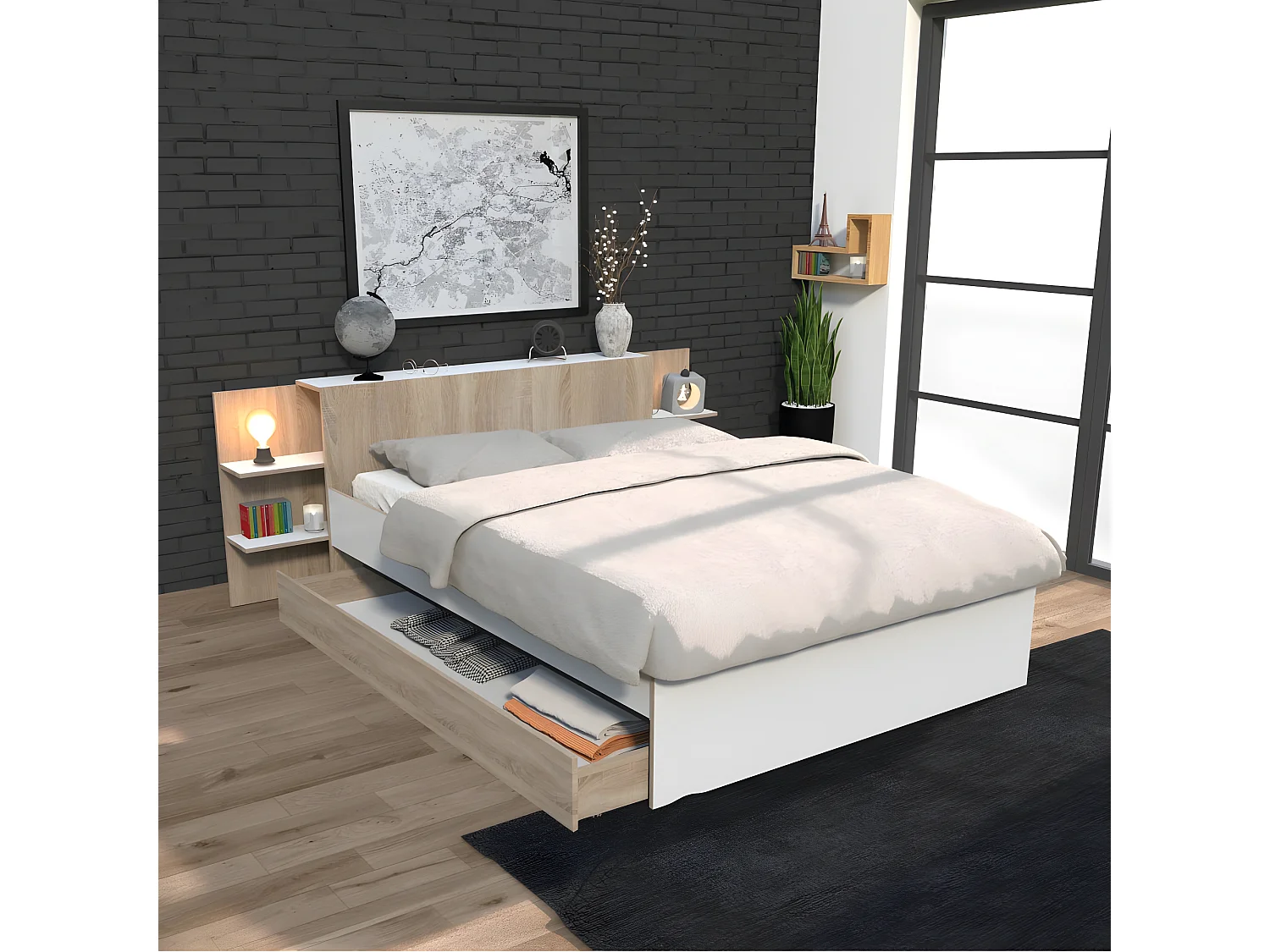 Lit CITY 140x190 + tête de lit chevet  + 1 tiroir / Décor Blanc & chêne blanchi