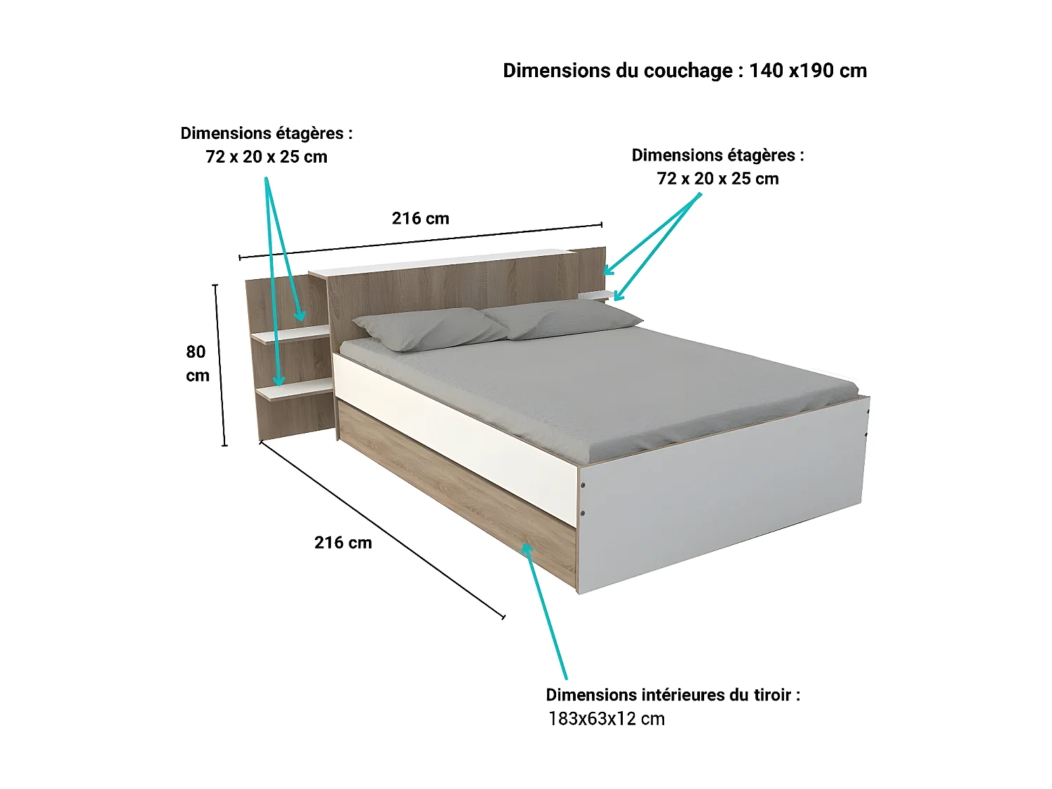 Lit CITY 140x190 + tête de lit chevet  + 1 tiroir / Décor Blanc & chêne blanchi