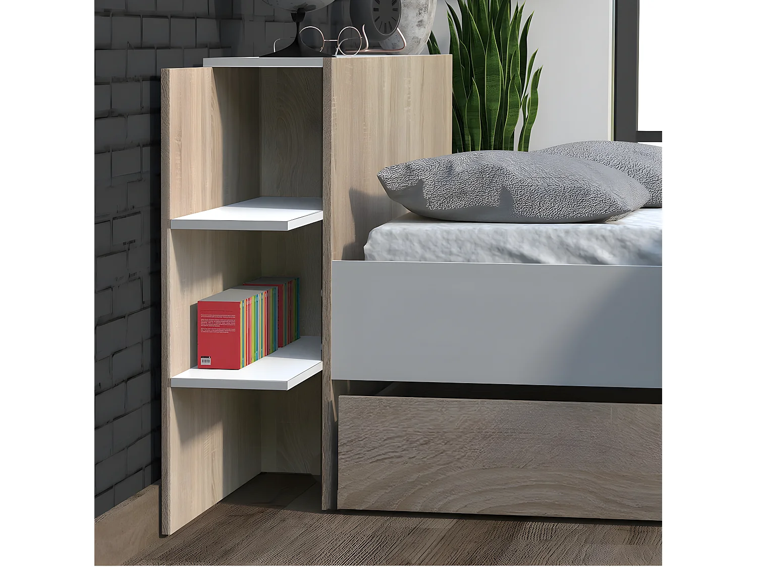 Lit CITY 140x190 + tête de lit chevet  + 1 tiroir / Décor Blanc & chêne blanchi