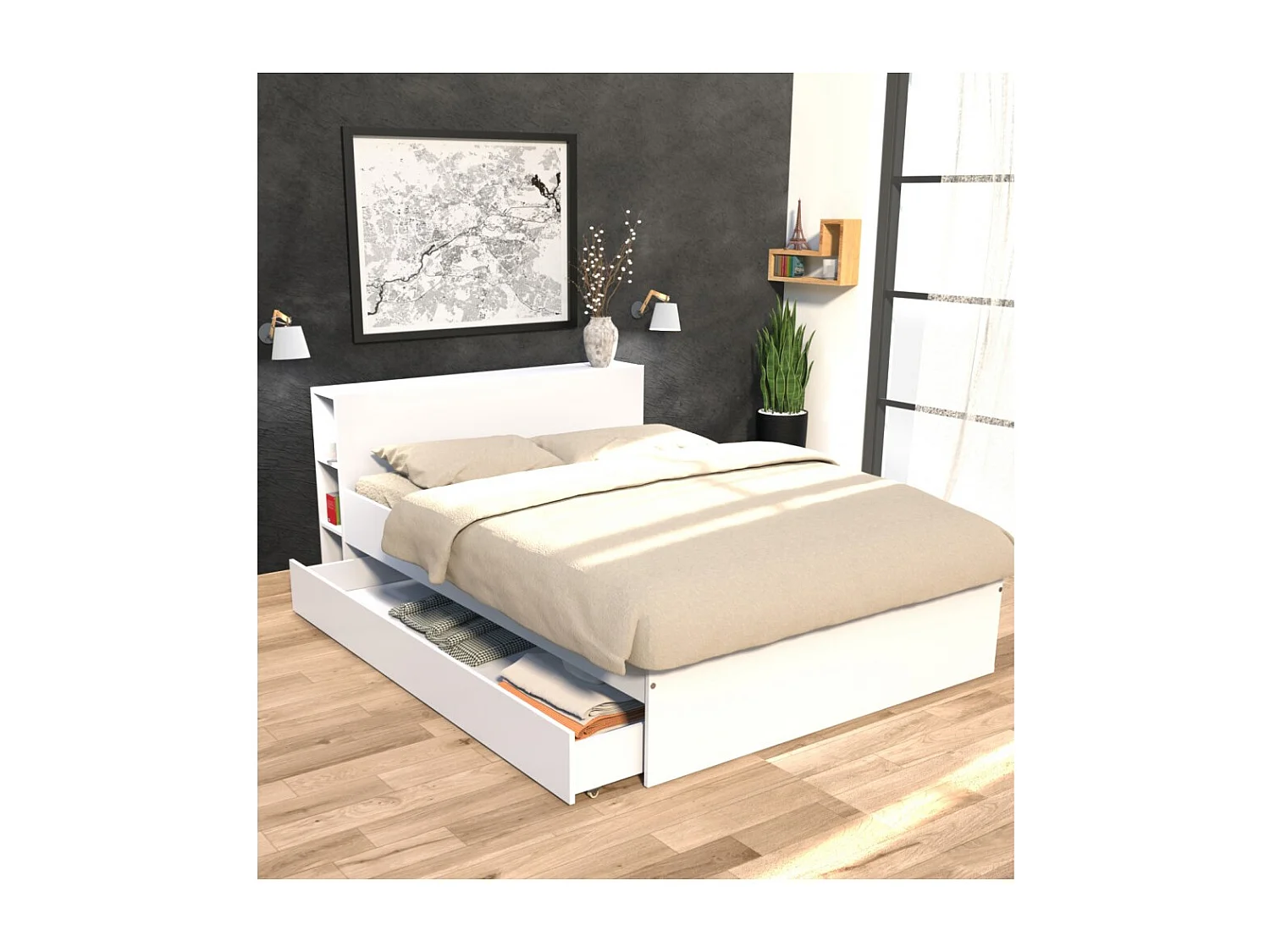 Lit RIGA 140x190cm + tête de lit + 1 tiroir / Blanc