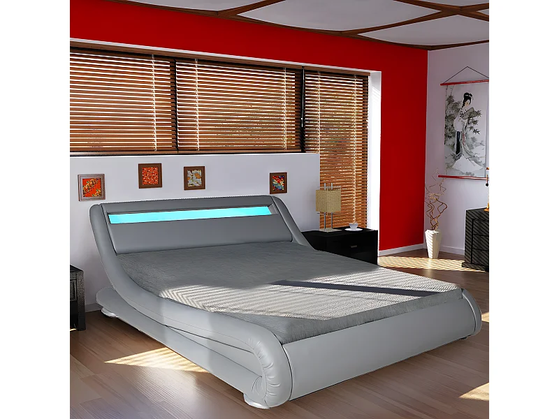 Lit WAVE 160x200 LEDS intégrées + 1 sommier / Gris