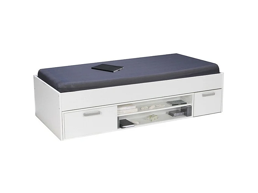 Lit TESS 90x190 + chevet + étagère + rangement / Blanc