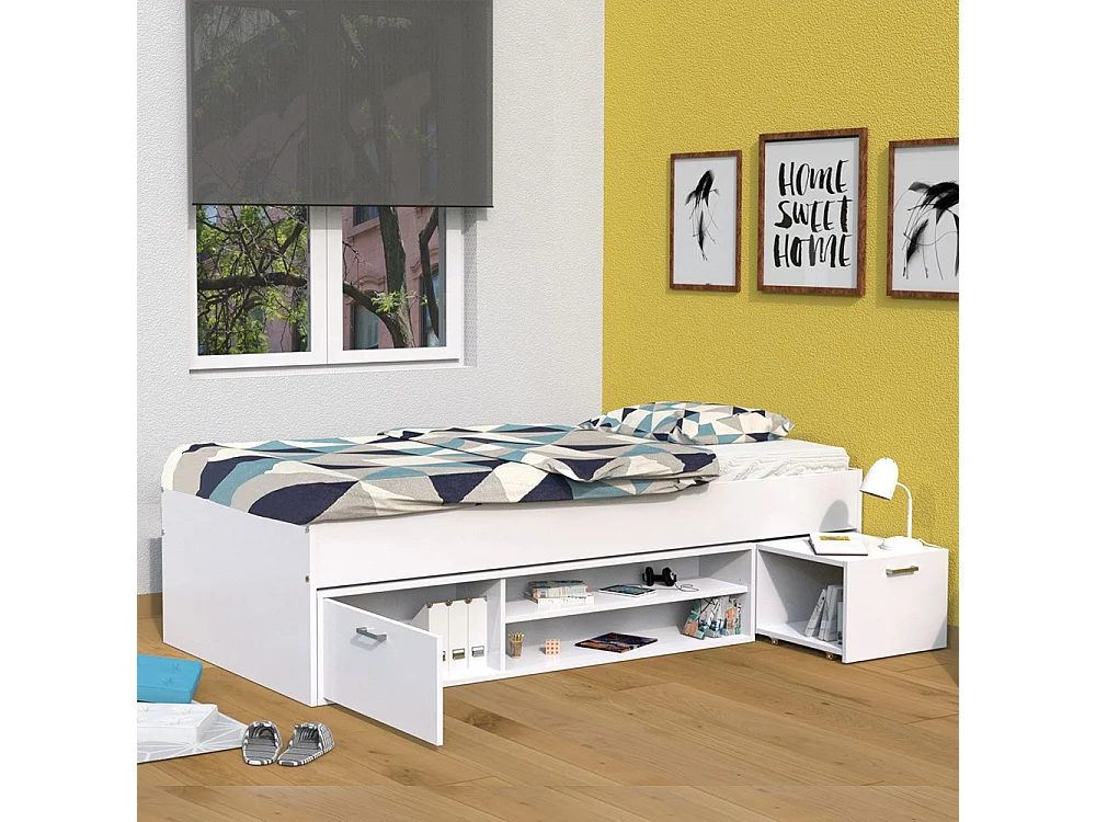 Lit TESS 90x190 + chevet + étagère + rangement / Blanc