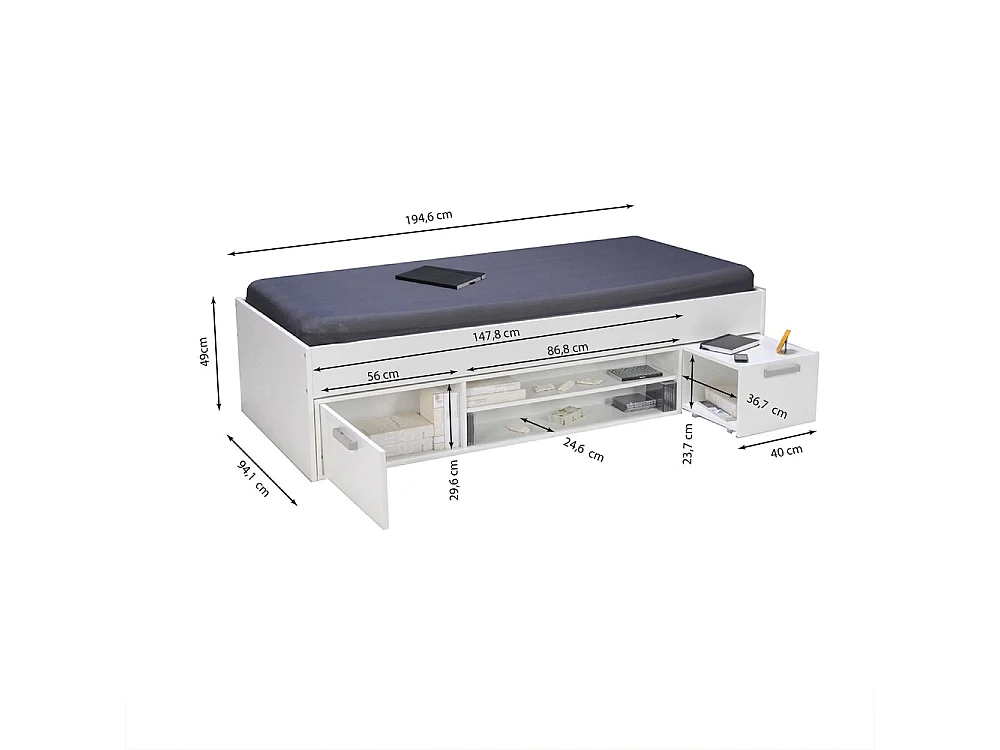 Lit TESS 90x190 + chevet + étagère + rangement / Blanc