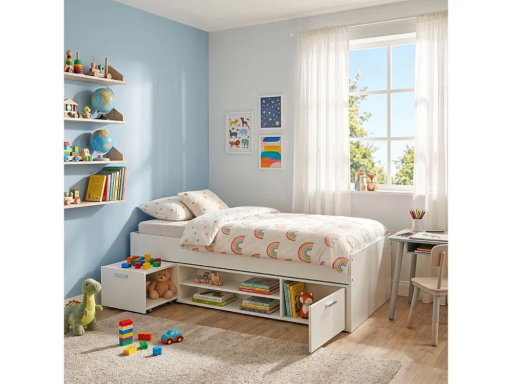 Lit 90x190 TESS + chevet + étagère + rangement / Blanc