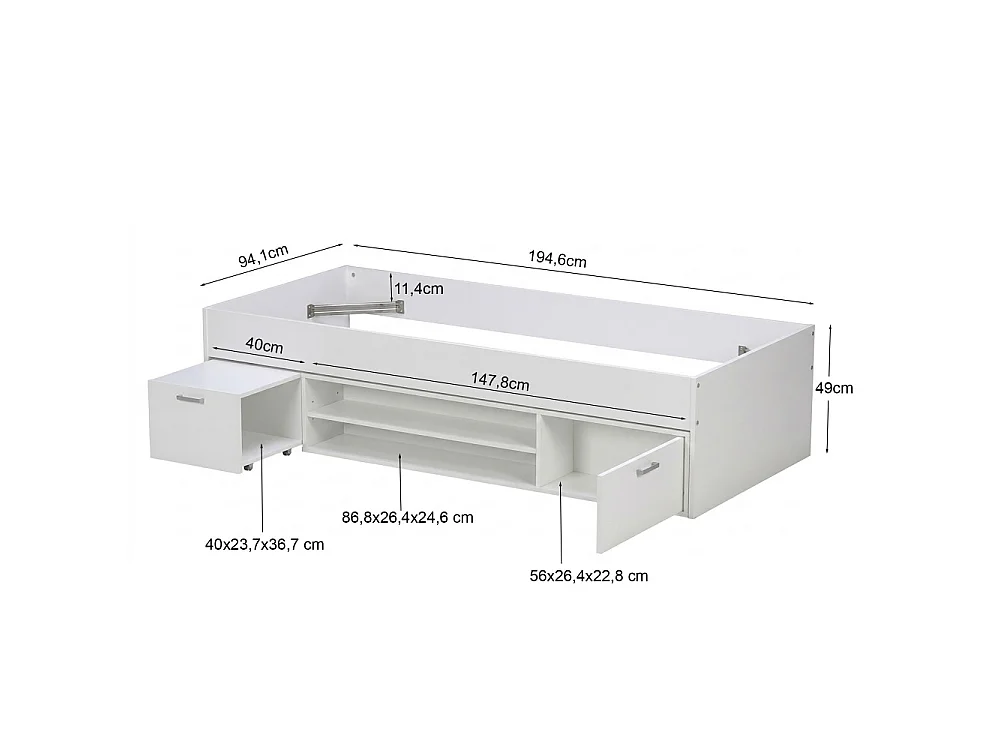 Lit 90x190 TESS + chevet + étagère + rangement / Blanc