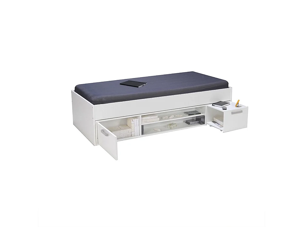 Lit 90x190 TESS + chevet + étagère + rangement / Blanc