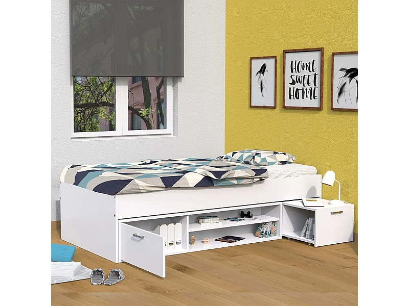 Lit TESS 90x190 + chevet + étagère + rangement / Blanc