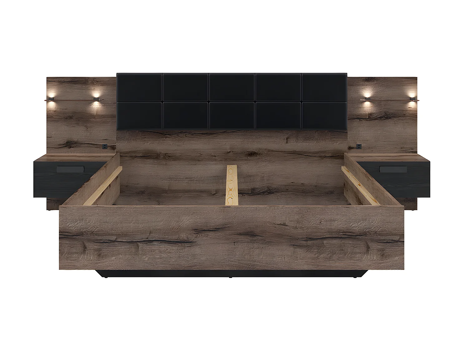 Lit 160x200 chevet LED et prise USB inclus Romane Bois