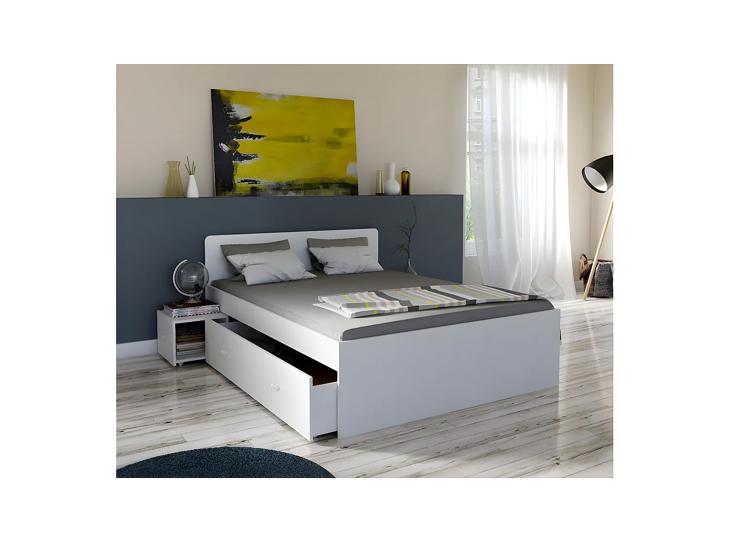 Lit double ZENIA 160x200 + 2 chevets + 2 tiroirs / Blanc