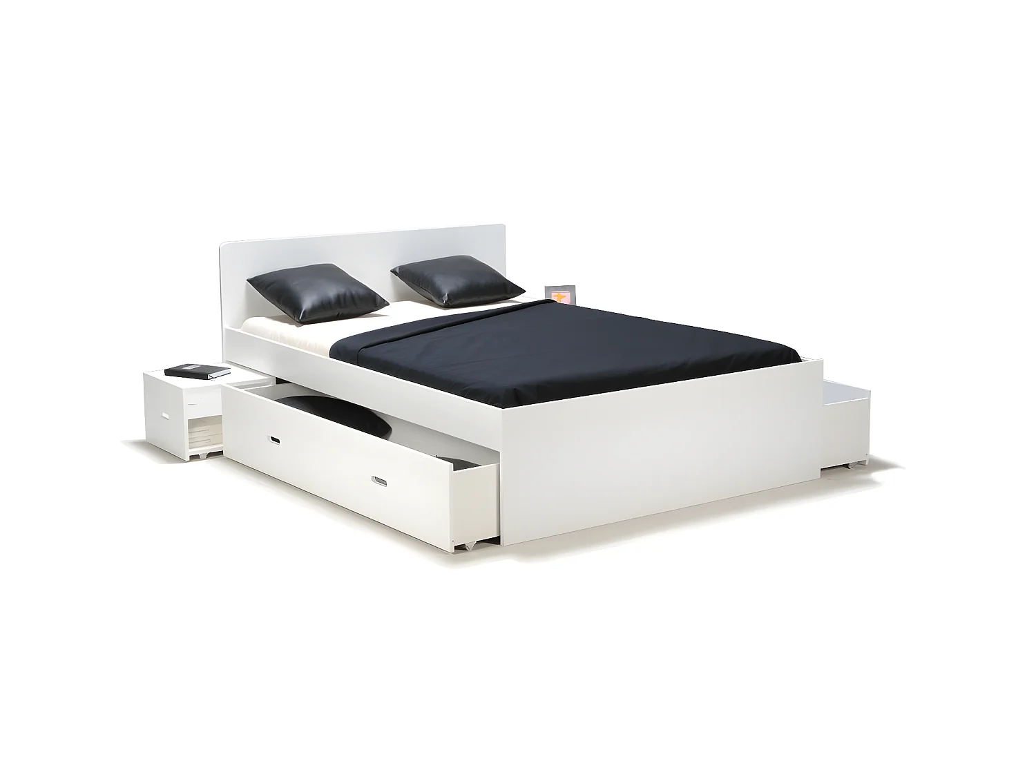 Lit double ZENIA 160x200 + 2 chevets + 2 tiroirs / Blanc